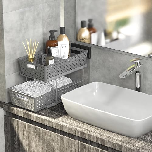 2 Tier Bathroom Organizer Tray Pull-Out Sliding Drawer Under-Sink Storage, Brown P22191
