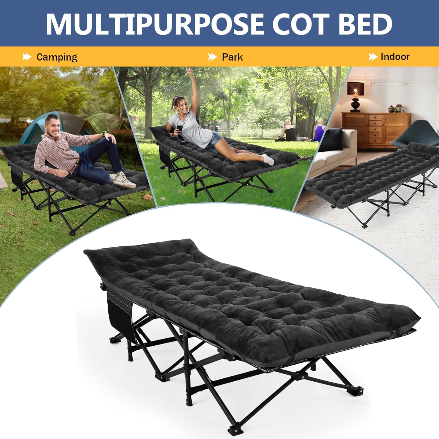 Folding Camping Cot with Carry Bag Black S632