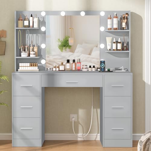 White Large Vanity Desk with LED Lighted Mirror & Power Outlet, 7 Drawers, 4 Shelves and 5 Hooks J830