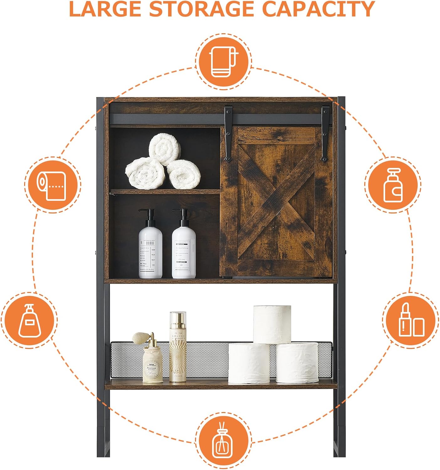 Rustic Brown Over The Toilet Storage Cabinet with Sliding Door and Adjustable Shelf U90337