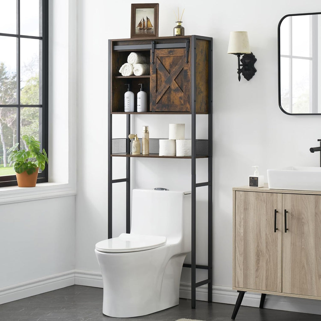 Rustic Brown Over The Toilet Storage Cabinet with Sliding Door and Adjustable Shelf U90337