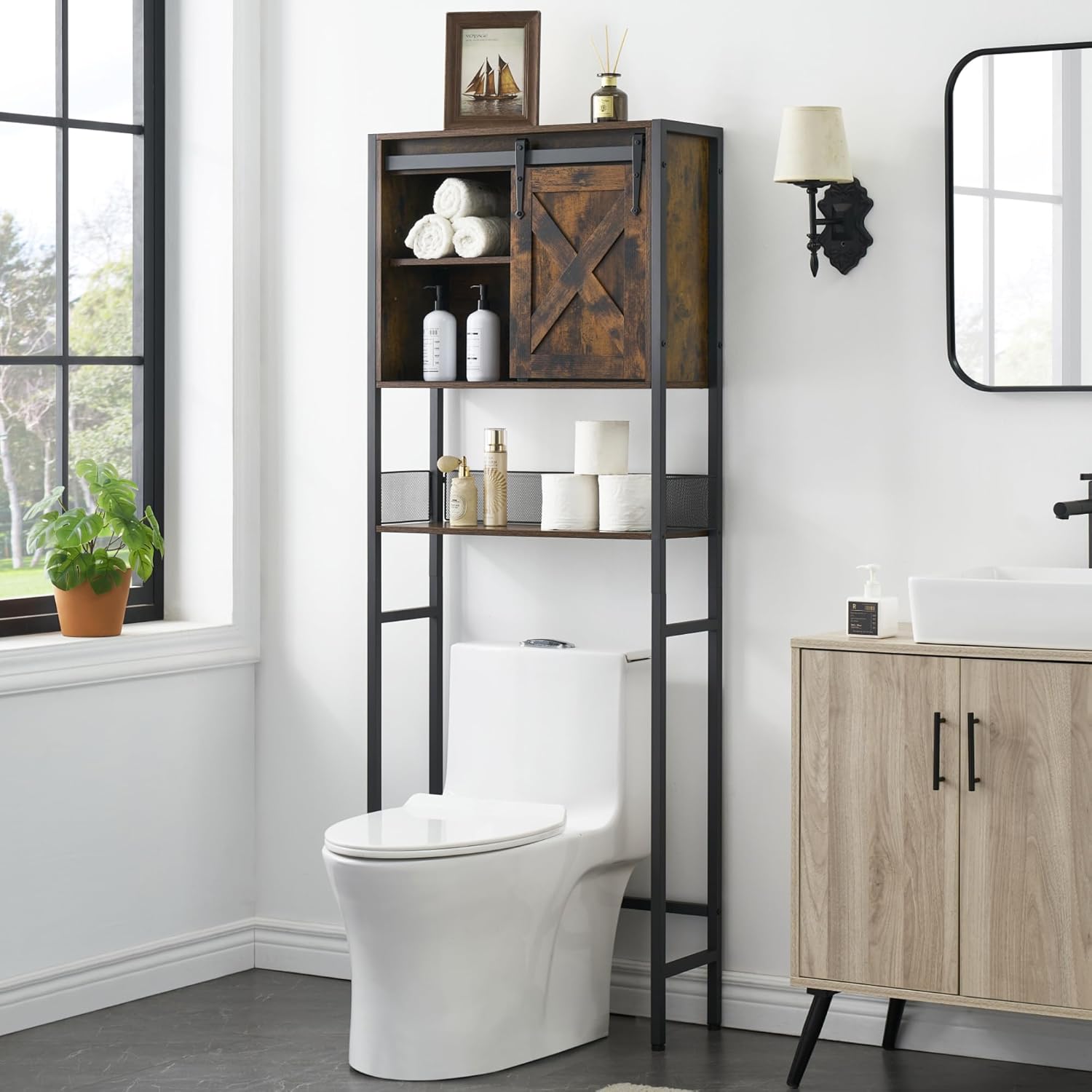 Rustic Brown Over The Toilet Storage Cabinet with Sliding Door and Adjustable Shelf U90337