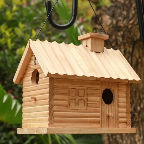 Natural Wooden Bird House 2 Hole 2 Rooms Hanging Birdhouse D51491