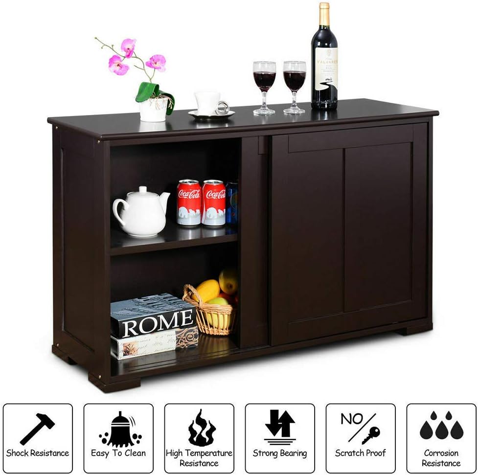 Dark Brown Wood Sliding Door Kitchen Storage Cabinet MDF 42" L × 13" W × 23.5" H D628
