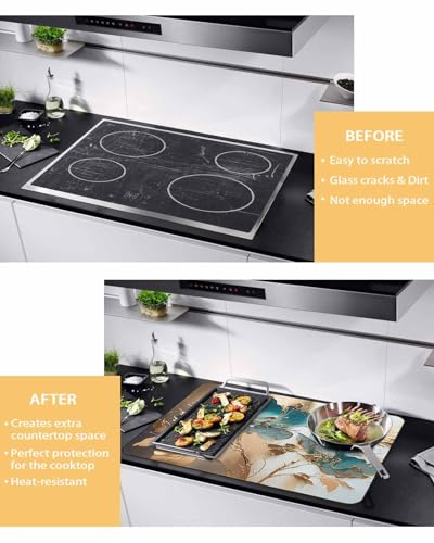Teal Floral Blossom Gold Foil Leaves Induction Cooktop Protector Mat 24x21IN C544