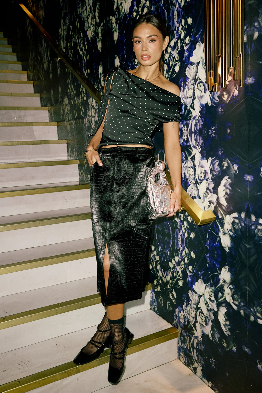 Black Vegan Leather Midi Skirt Y81891