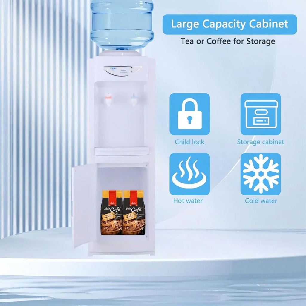 White Top Loading Hot and Cold Water Dispenser for 5 Gallon Bottle with Storage Cabinet & Child Safety Lock B18776