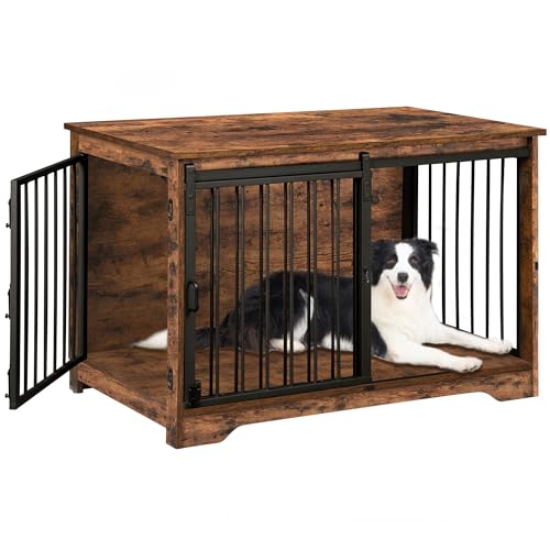Rustic Brown Wooden Dog Crate Furniture with Barn Door C57333