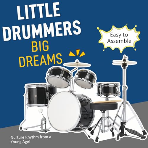 5-Piece Junior Drums Set with Throne Stool, Pedal & Drumsticks (Black) D817