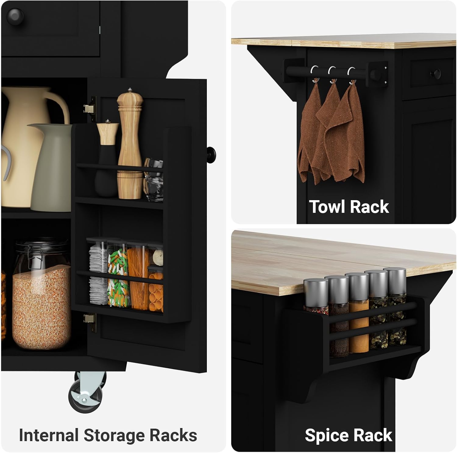 Black 53in Wood Rolling Kitchen Island with Drawer and Storage Cabinet B6290