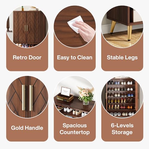 Walnut 6-Tier Shoe Cabinet with Doors P28775