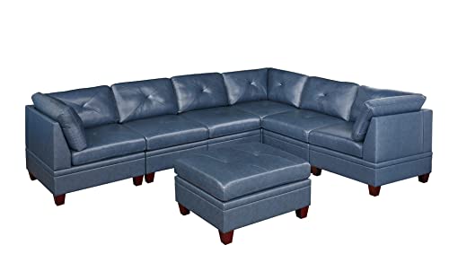 Ink Blue Genuine Leather Sectional Sofa Set, 6-Piece, Tufted Back, Wood Legs, 132 x 102 x 35 Inches J320