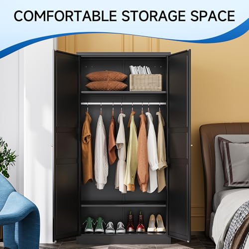 White 71" Metal Armoire Wardrobe with 2 Doors 2 Shelves B3424