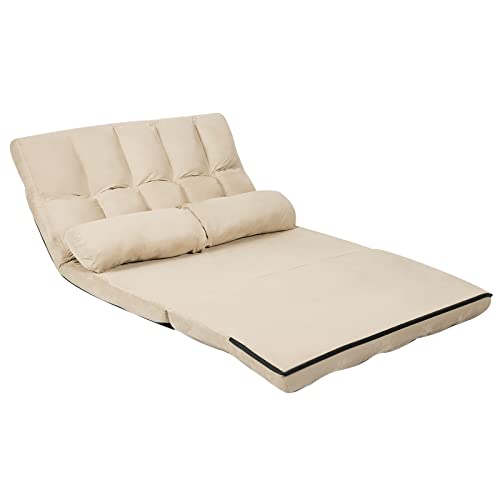 Blue Floor Sofa with 2 Pillows, Foldable 6-Position Adjustable Metal Frame Suede Fabric M76503