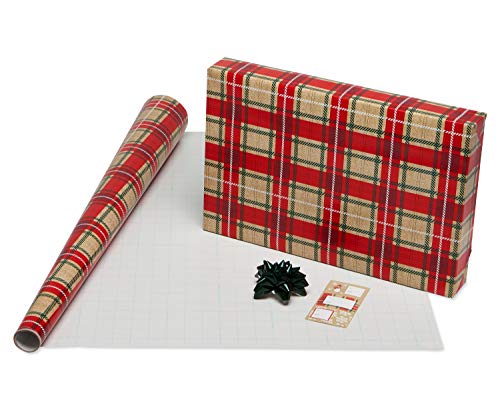 Christmas Wrapping Paper Set, Red and Tan Brown, 120 sq. ft., 4 rolls, 30 in. x 12 ft., 7 Adhesive Bows, 30 Gift Tag Stickers, Plaid, Stripes, and Snowmen X461