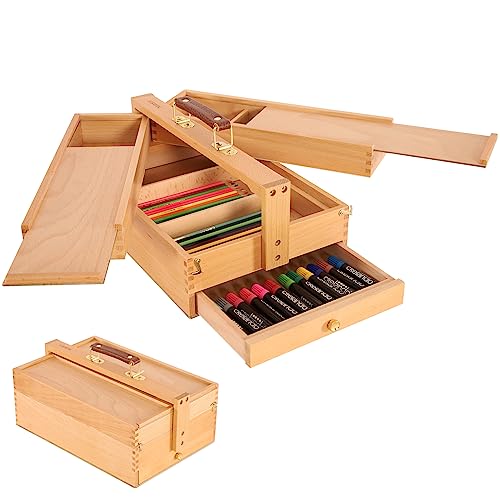 Solid Beech Wooden Artist Storage Box with Drawer, Three Layers, 13 1/2" x 9 1/2" x 5" X4828