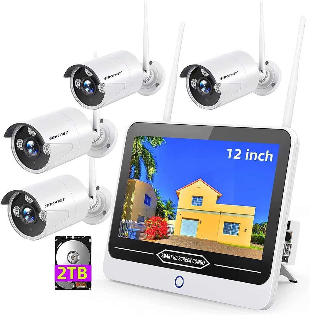 8 Channel 1080P Wireless Security Camera System with 12" Monitor 2TB Hard Drive 4pcs Indoor Outdoor IP Cameras Night Vision D6215