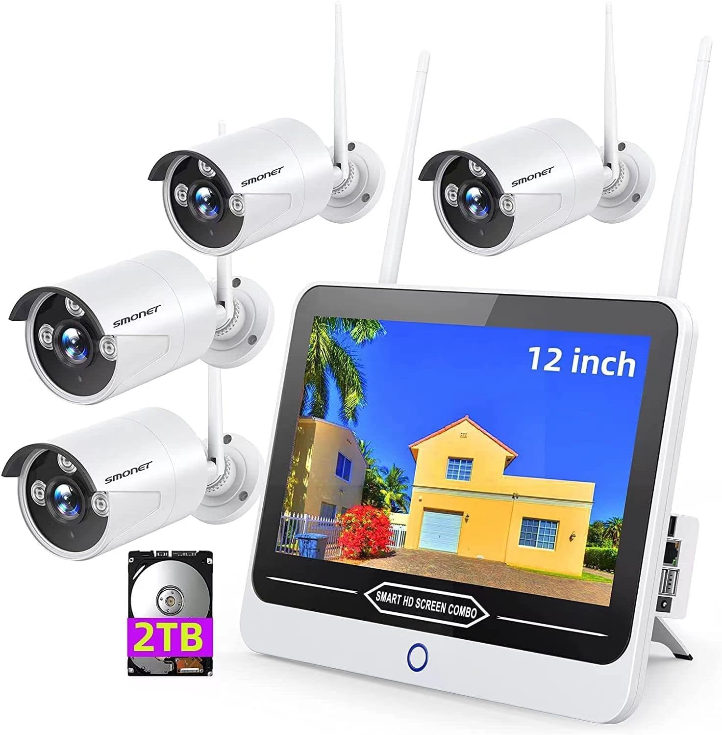 8 Channel 1080P Wireless Security Camera System with 12" Monitor 2TB Hard Drive 4pcs Indoor Outdoor IP Cameras Night Vision D6215