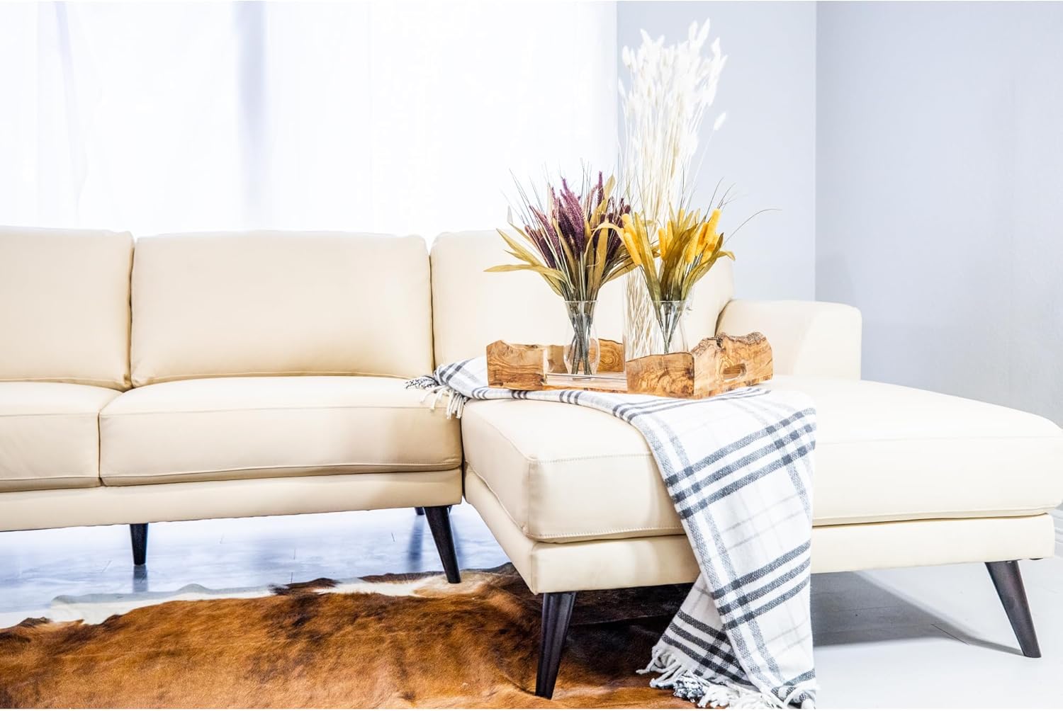 Cream Top Grain Leather Right Facing Sectional J14924