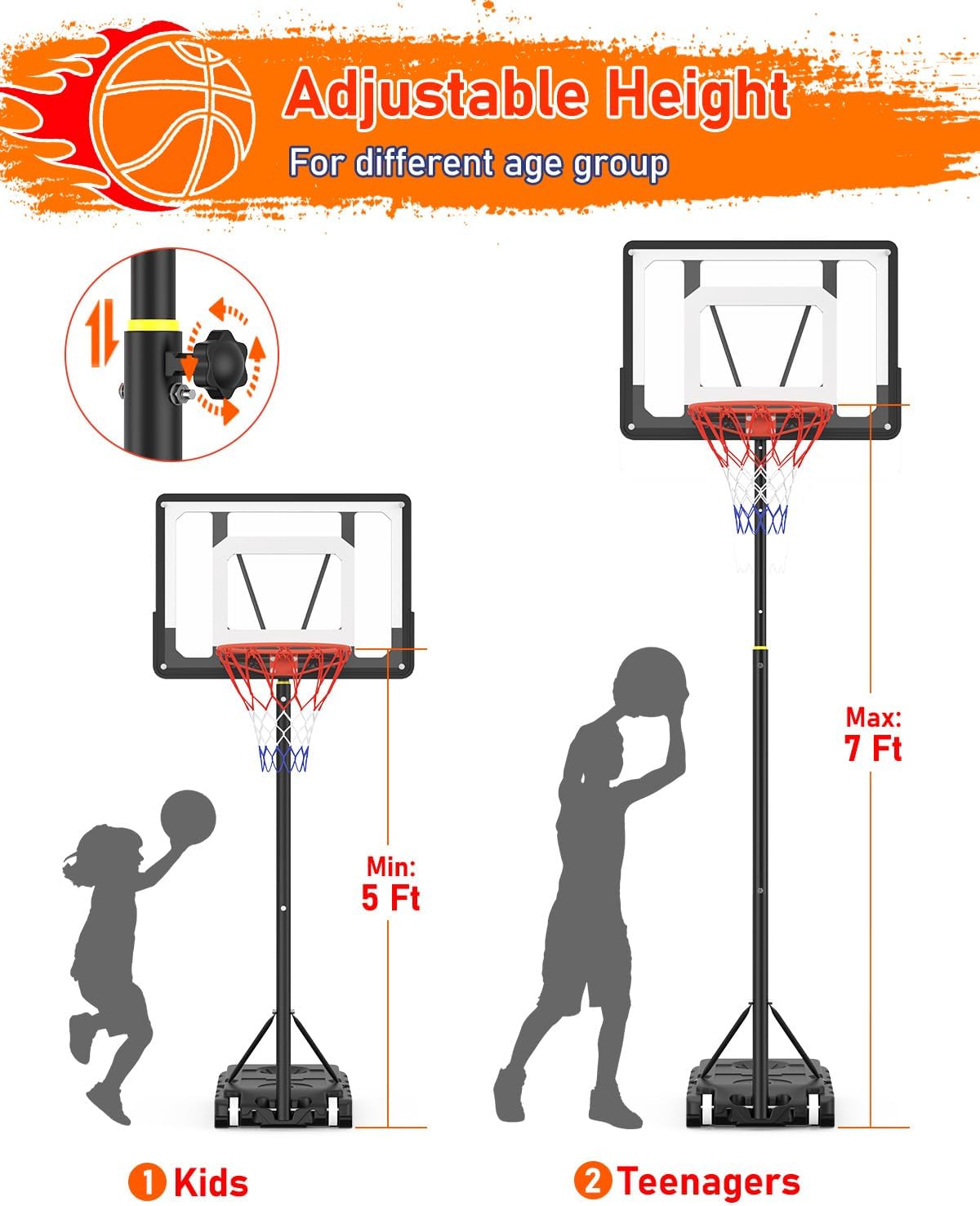 5-7FT Height Adjustable Basketball Hoop with 33 Inch Shatterproof Backboard and Stand Wheels W595083