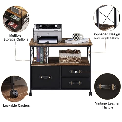 Black 3 Drawer Rolling Printer Stand with Fabric Storage Shelf V921