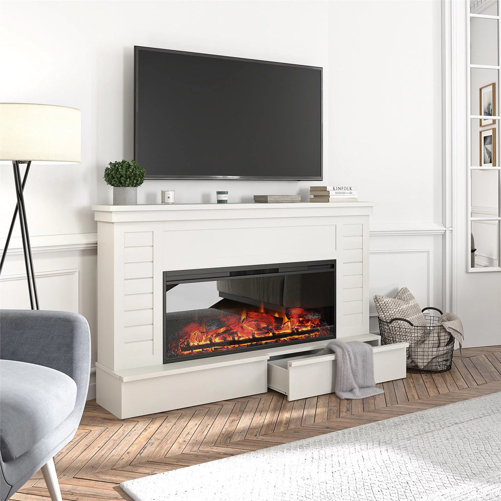White Wide Shiplap Mantel with Linear Electric Fireplace and Storage Drawers W63512