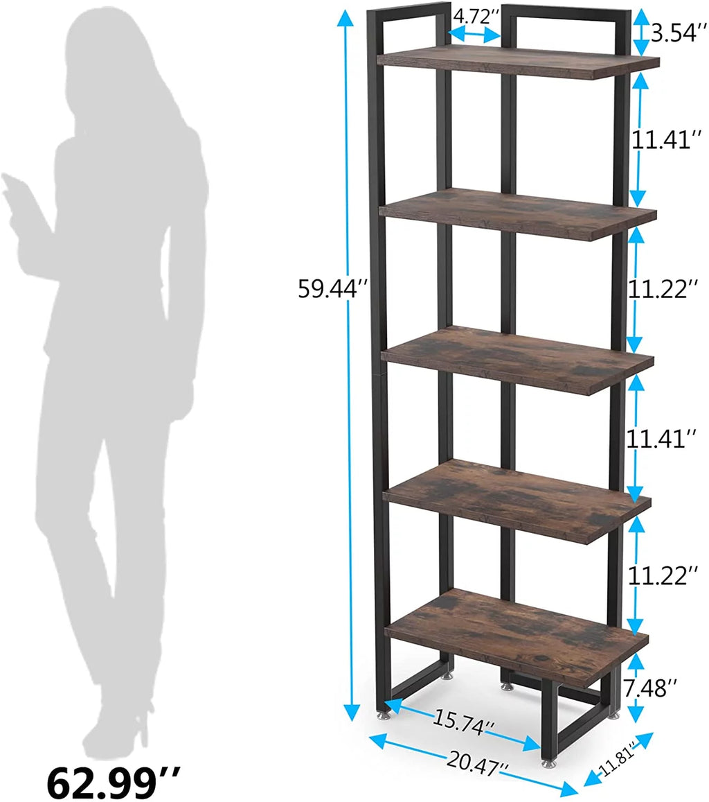 Rustic Brown 5 Tier Corner Bookshelf with Metal Frame Y67828