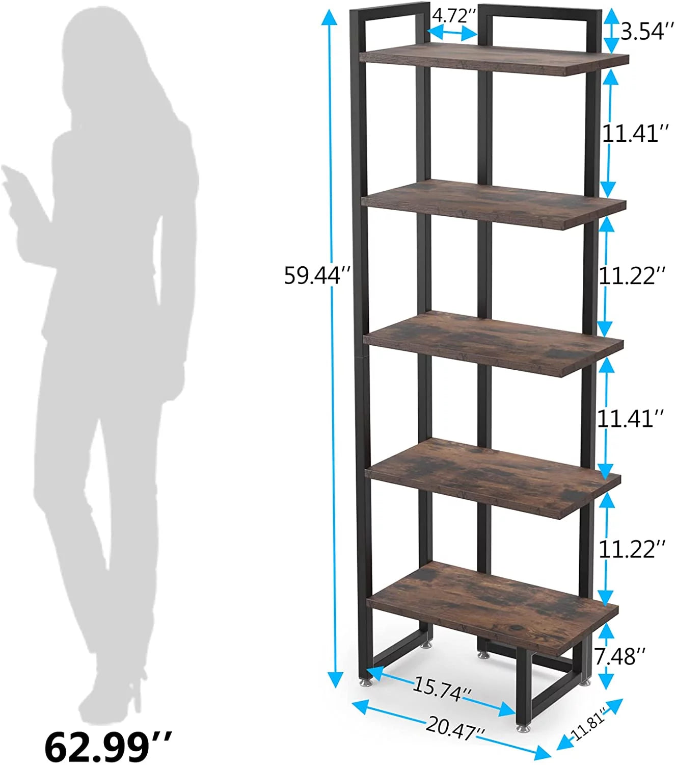 Rustic Brown 5 Tier Corner Bookshelf with Metal Frame Y67828