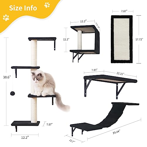 5pcs Wooden Cat Wall Shelves with House, Bridge, Tree, Steps, and Scratcher (Black) K987