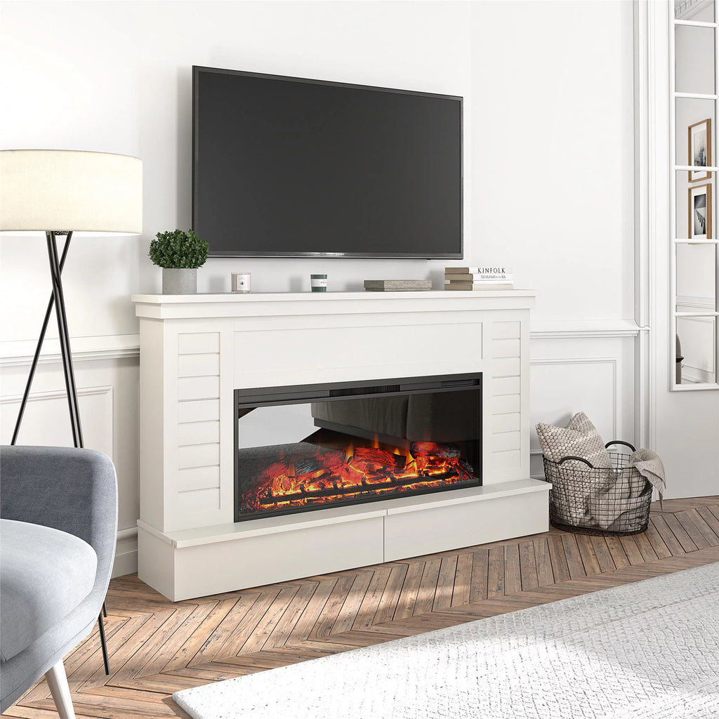 White Wide Shiplap Mantel with Linear Electric Fireplace and Storage Drawers W63512