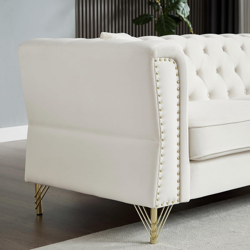 Grey Velvet 3 Seater Chesterfield Sofa with Metal Foot and Nailhead S3506