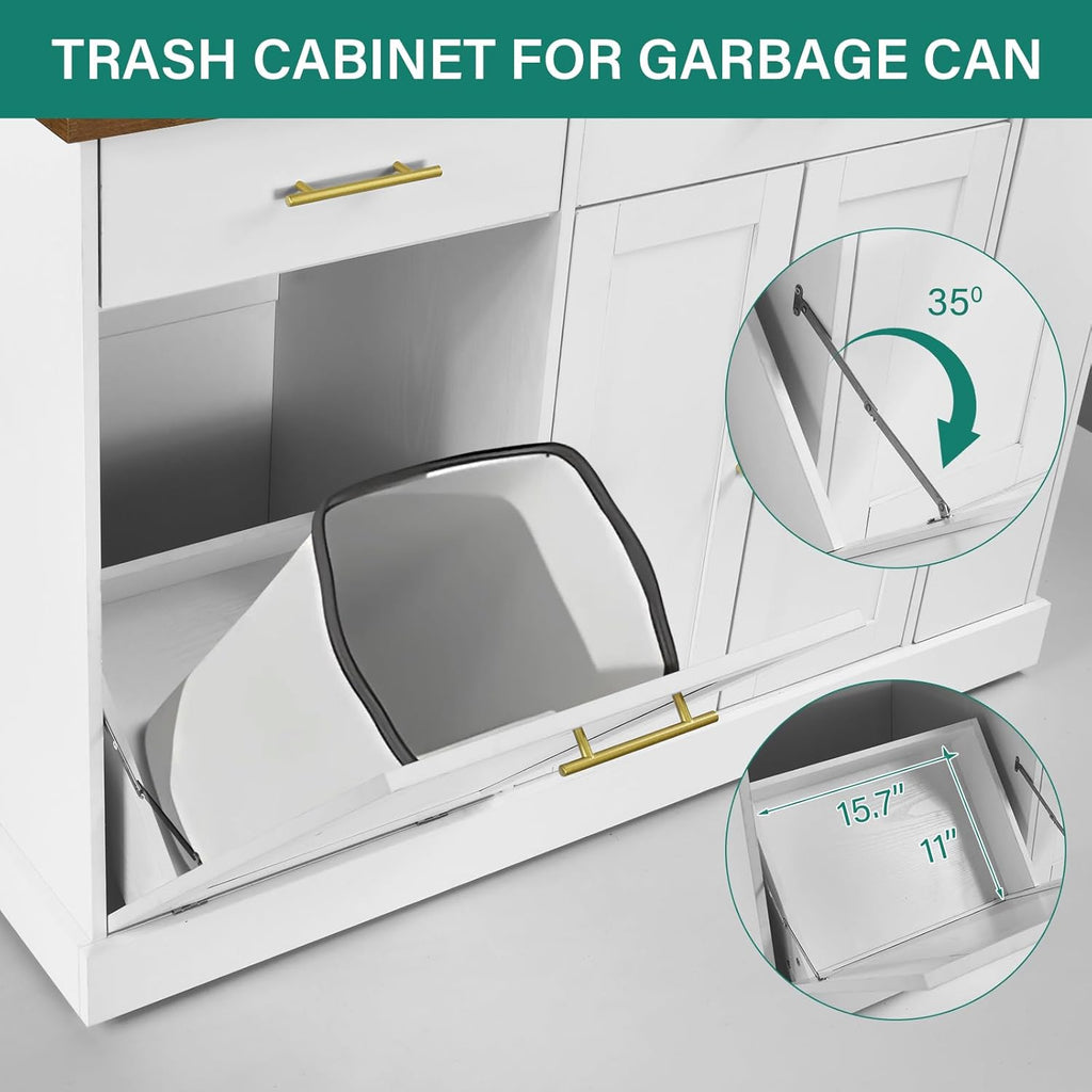 White Rolling Kitchen Island with Pull Out Spice Rack and Trash Can Cabinet R40078