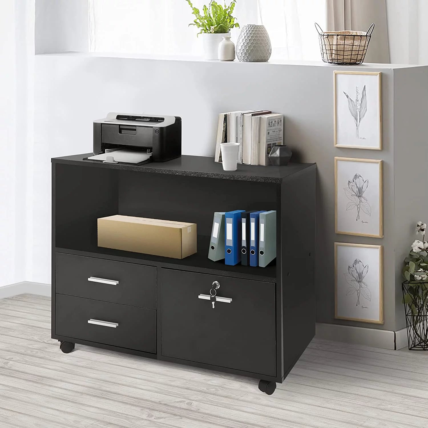 Black Wood 3 Drawer Mobile Lateral Filing Cabinet with Lock V987853