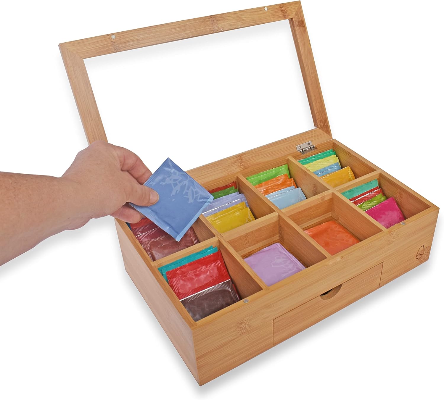 Bamboo Wood Tea Bag Storage Organizer with 8 Compartments and Drawer Q895689