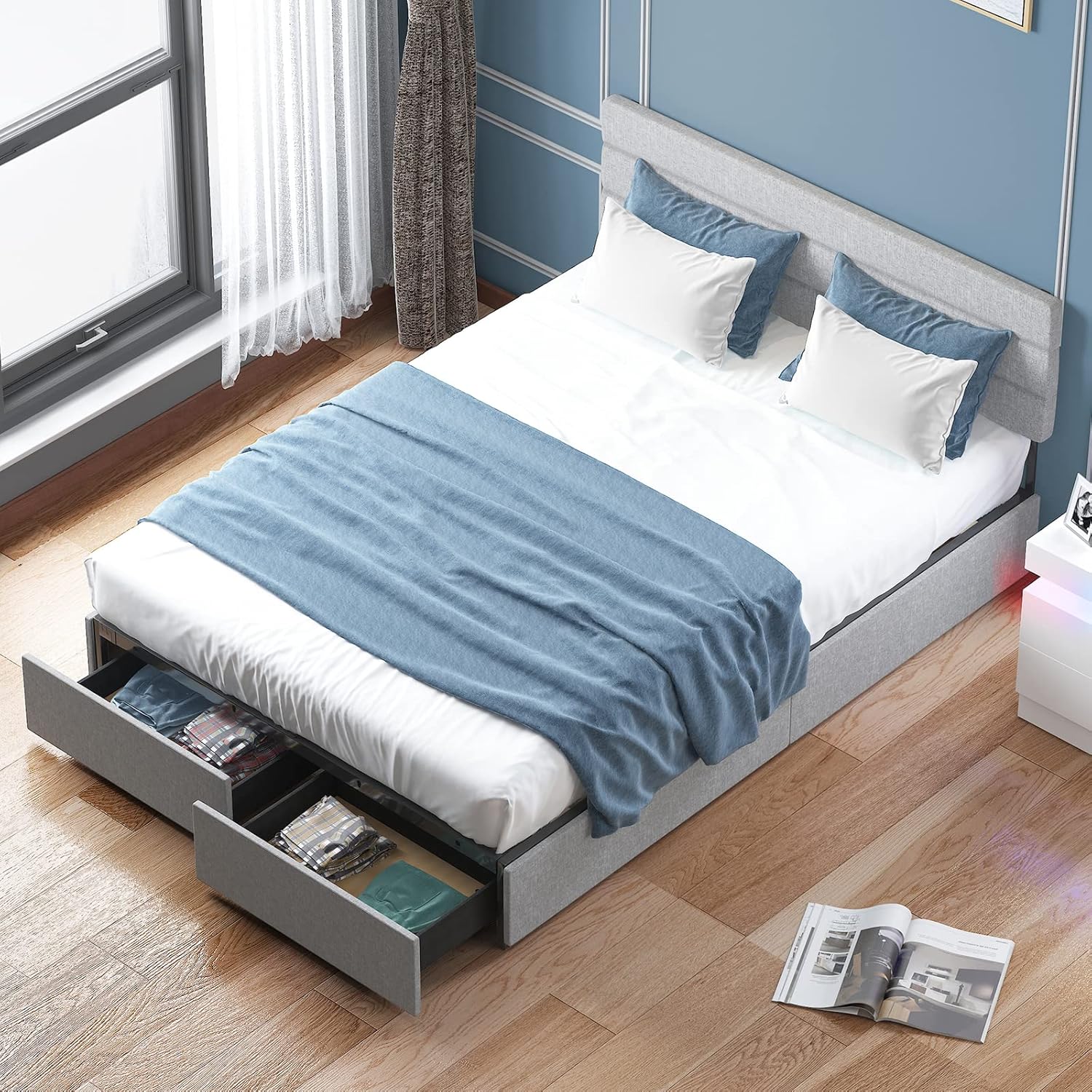 Light Grey King Size Bed Frame with 2 Storage Drawers T1158