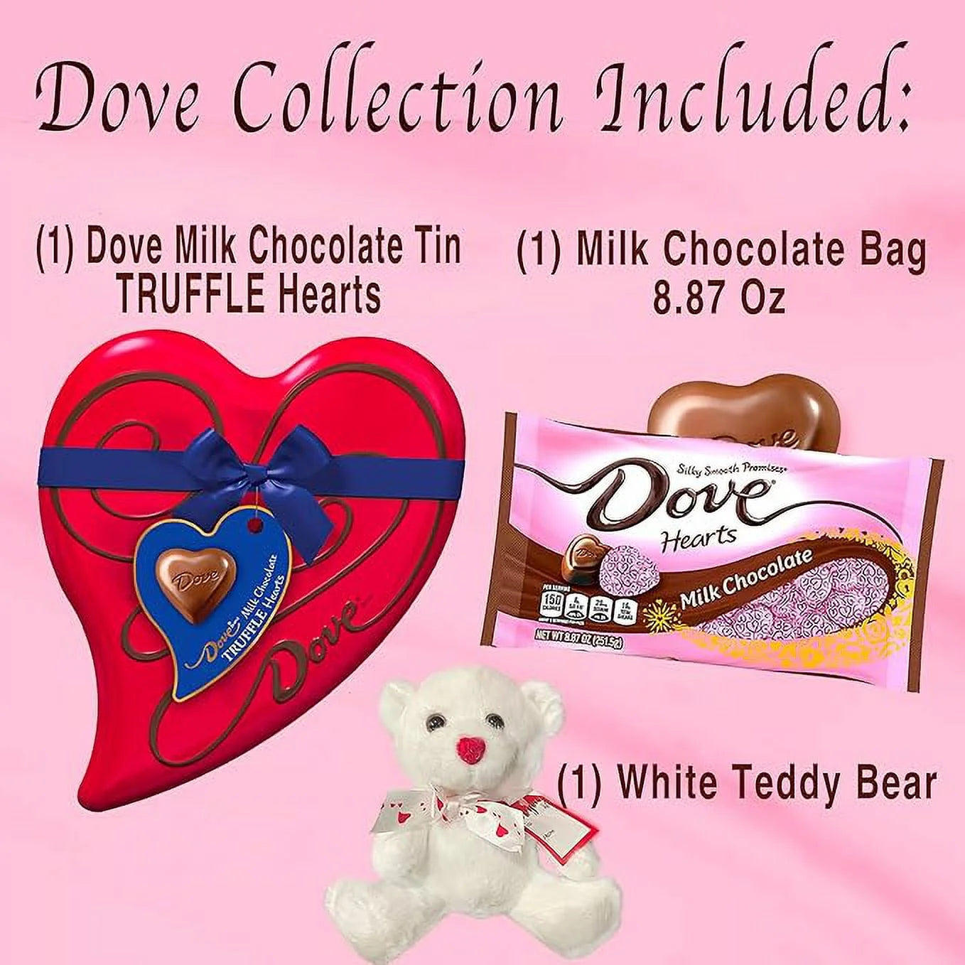 Milk Chocolate Candy Heart Tin, Milk Chocolate Bag and White Teddy Bear M11563