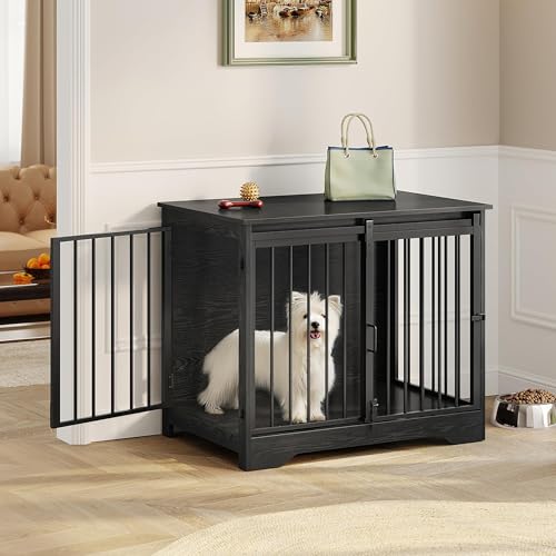 Rustic Brown Wooden Dog Crate Furniture with Barn Door C57333
