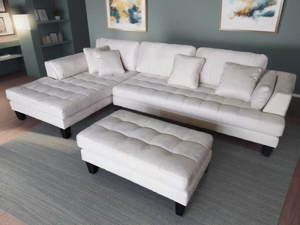 3pc Cream Microfiber Sectional Sofa Chaise Ottoman W1823
