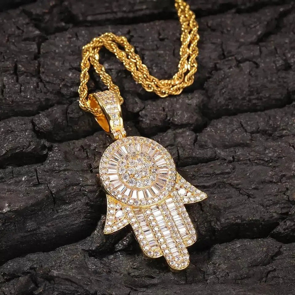 Simulated Diamond Baguette Hamsa Hand Pendant Necklace U821
