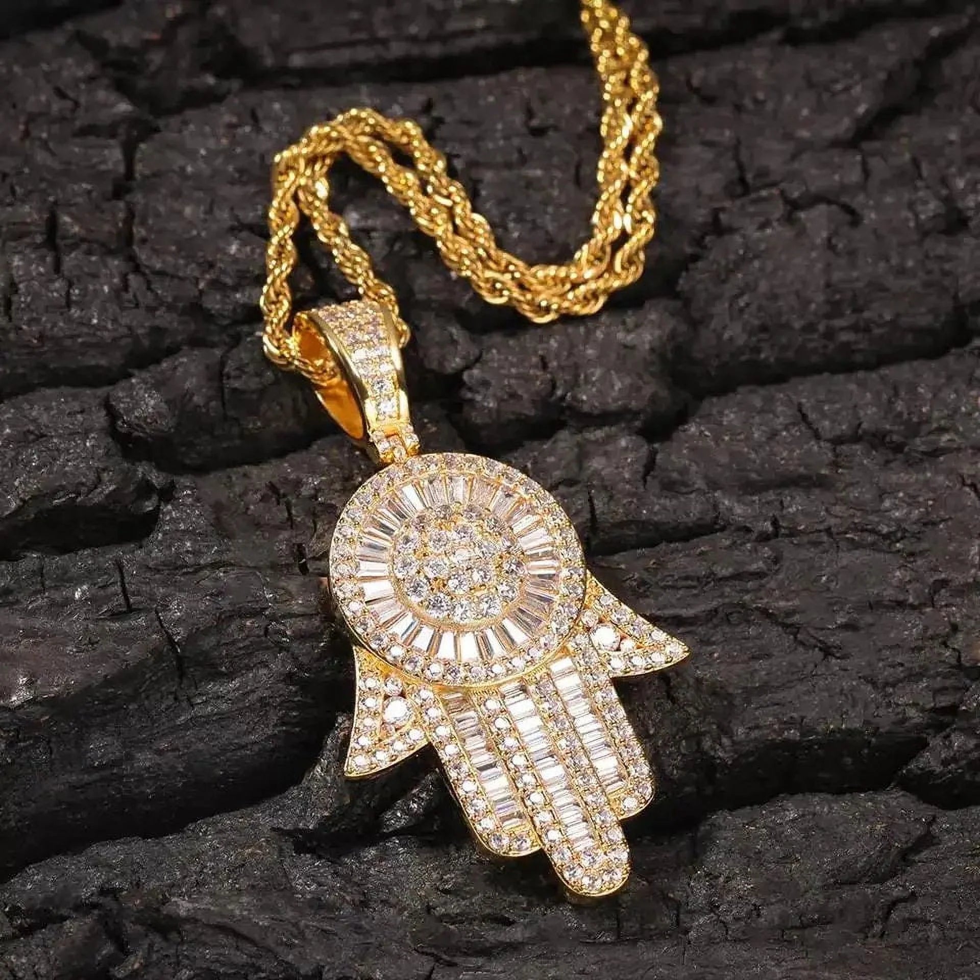 Simulated Diamond Baguette Hamsa Hand Pendant Necklace U821