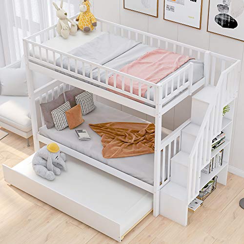 White Solid Wood Twin-Over-Twin Bunk Bed with Trundle A82800