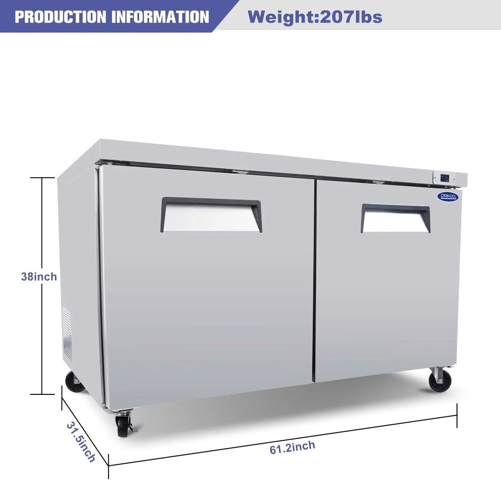 60" 2-Door Commercial Stainless Steel Undercounter Work Top Refrigerator 18Cu.Ft I847899