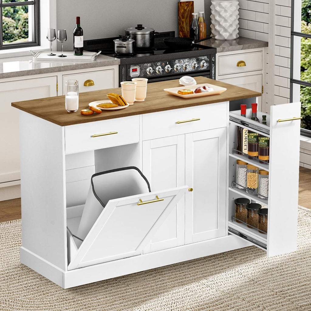 White Rolling Kitchen Island with Pull Out Spice Rack and Trash Can Cabinet R40078