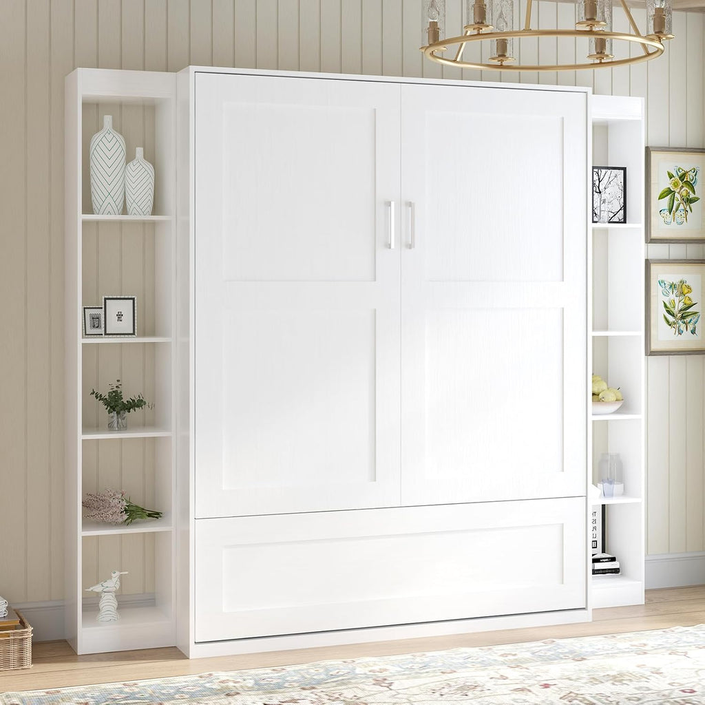 White Murphy Bed with Wardrobe, 2 Side Cabinet P665