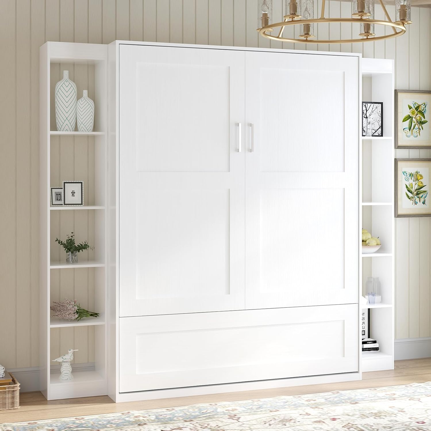 White Murphy Bed with Wardrobe, 2 Side Cabinet P665