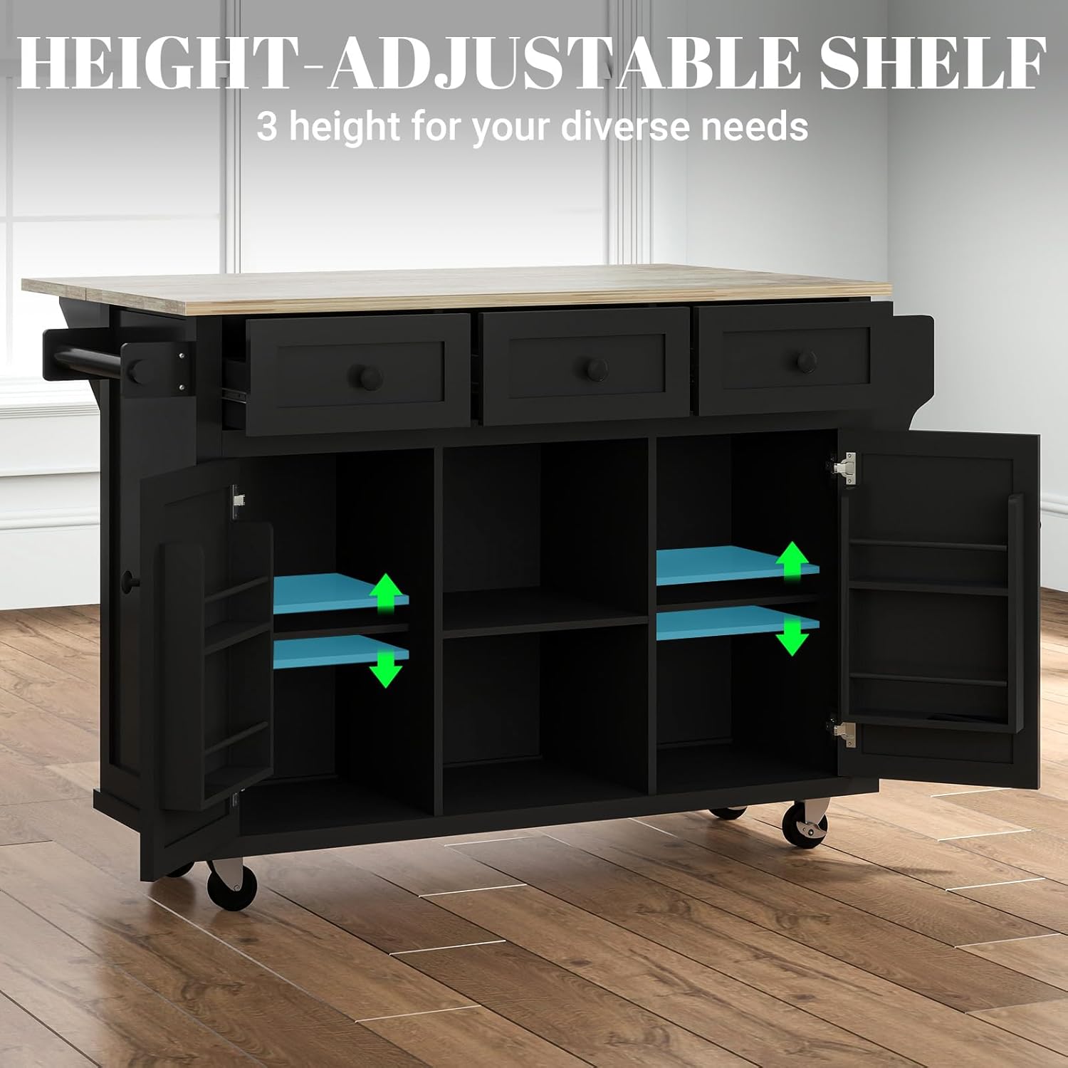 Black 53in Wood Rolling Kitchen Island with Drawer and Storage Cabinet B6290