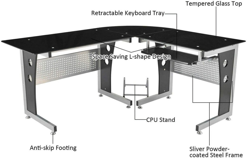 Black L-Shape Corner Tempered Glass Top Computer Desk with Keyboard Tray W377