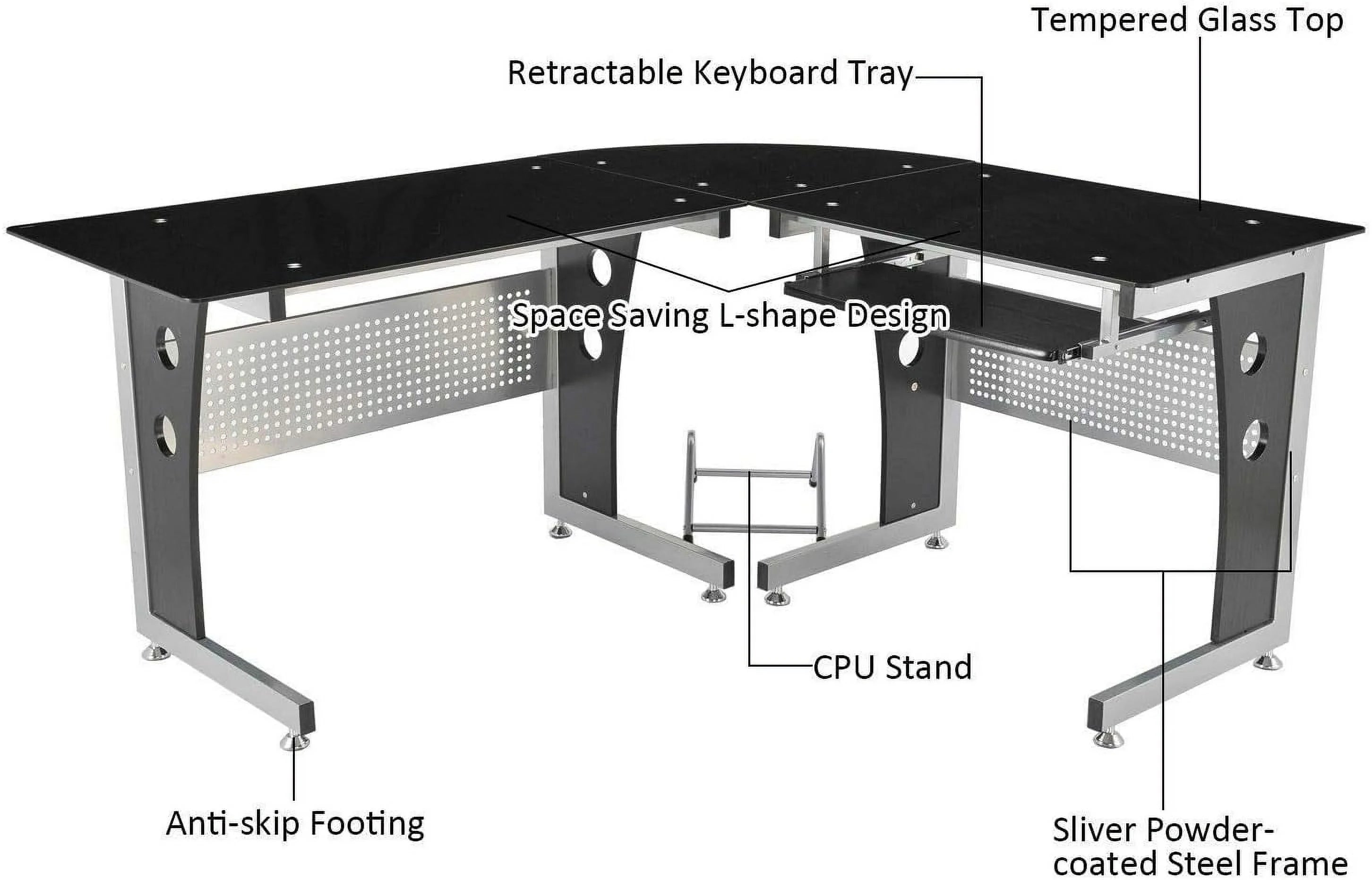Black L-Shape Corner Tempered Glass Top Computer Desk with Keyboard Tray W377