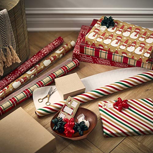 Christmas Wrapping Paper Set, Red and Tan Brown, 120 sq. ft., 4 rolls, 30 in. x 12 ft., 7 Adhesive Bows, 30 Gift Tag Stickers, Plaid, Stripes, and Snowmen X461
