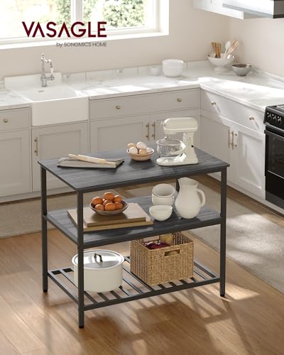 Rustic Brown and Black Kitchen Island with 3 Shelves N197